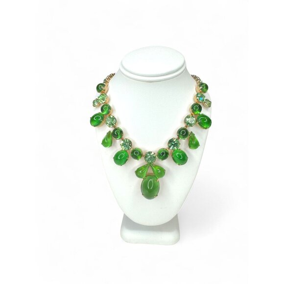 Unsigned Jewelry - Vintage Green Jelly Glass Cab Necklace Rhinestones UV Glow Uranium Glass 40s 50s